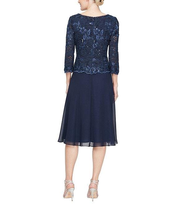 Alex Evenings Petite Size Embroidered Boat Neck 3/4 Sleeve A-Line Midi Dress Product Image