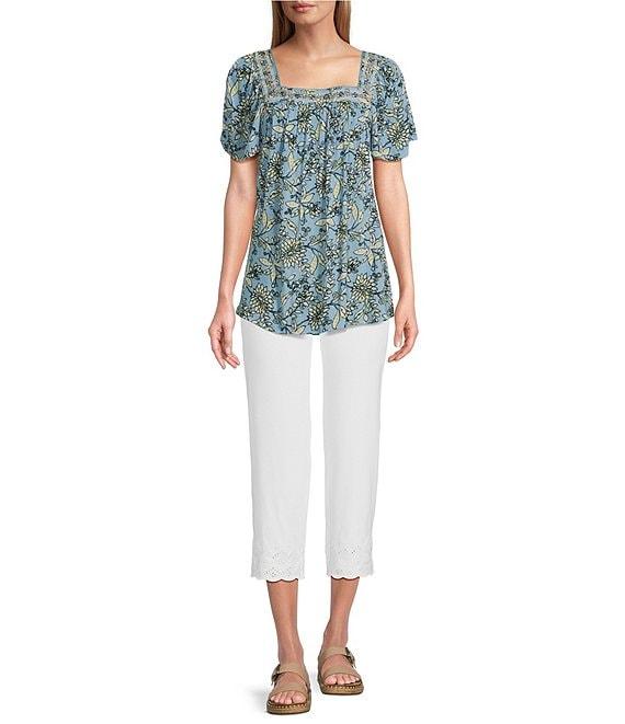 Intro Crinkle Gauze Embroidered Printed Square Neck Short Flutter Sleeve Top Product Image