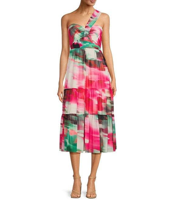 Belle by Badgley Mischka Remi Georgette printed Strapless One Sleeve Midi Dress Product Image
