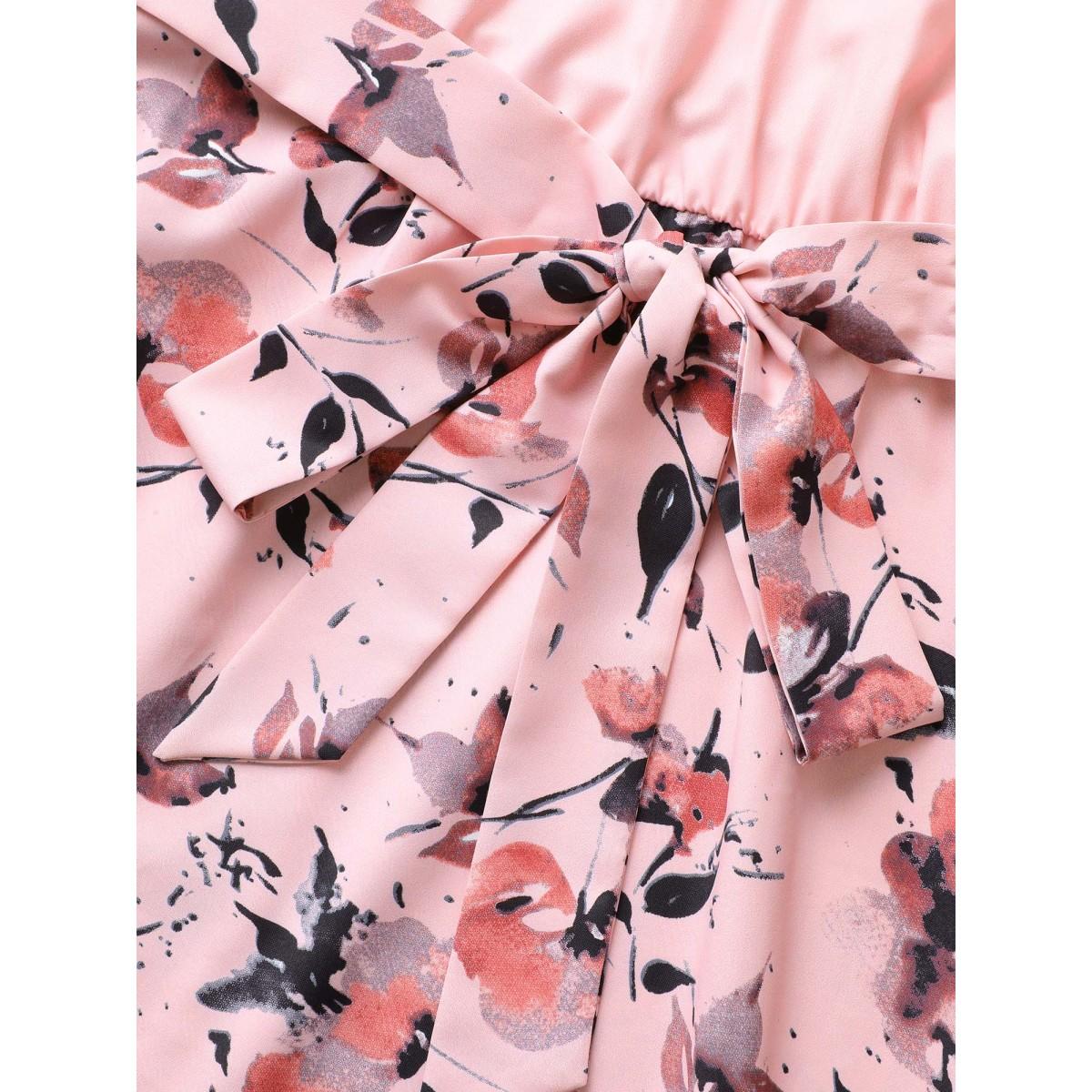 Plus Size Halter Neck Floral Patchwork Midi Dress Nudepink Women Elegant Belted Halter neck Sleeveless Curvy BloomChic 28/5X Product Image