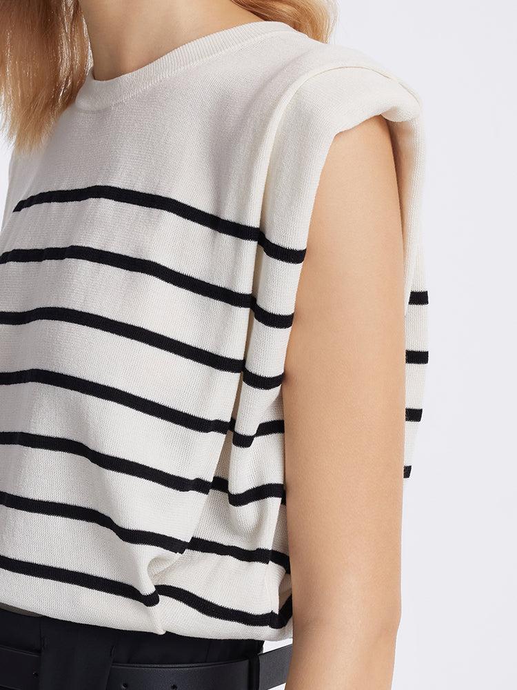 Striped Knitted Women Tank Top With Shoulder Pads Product Image