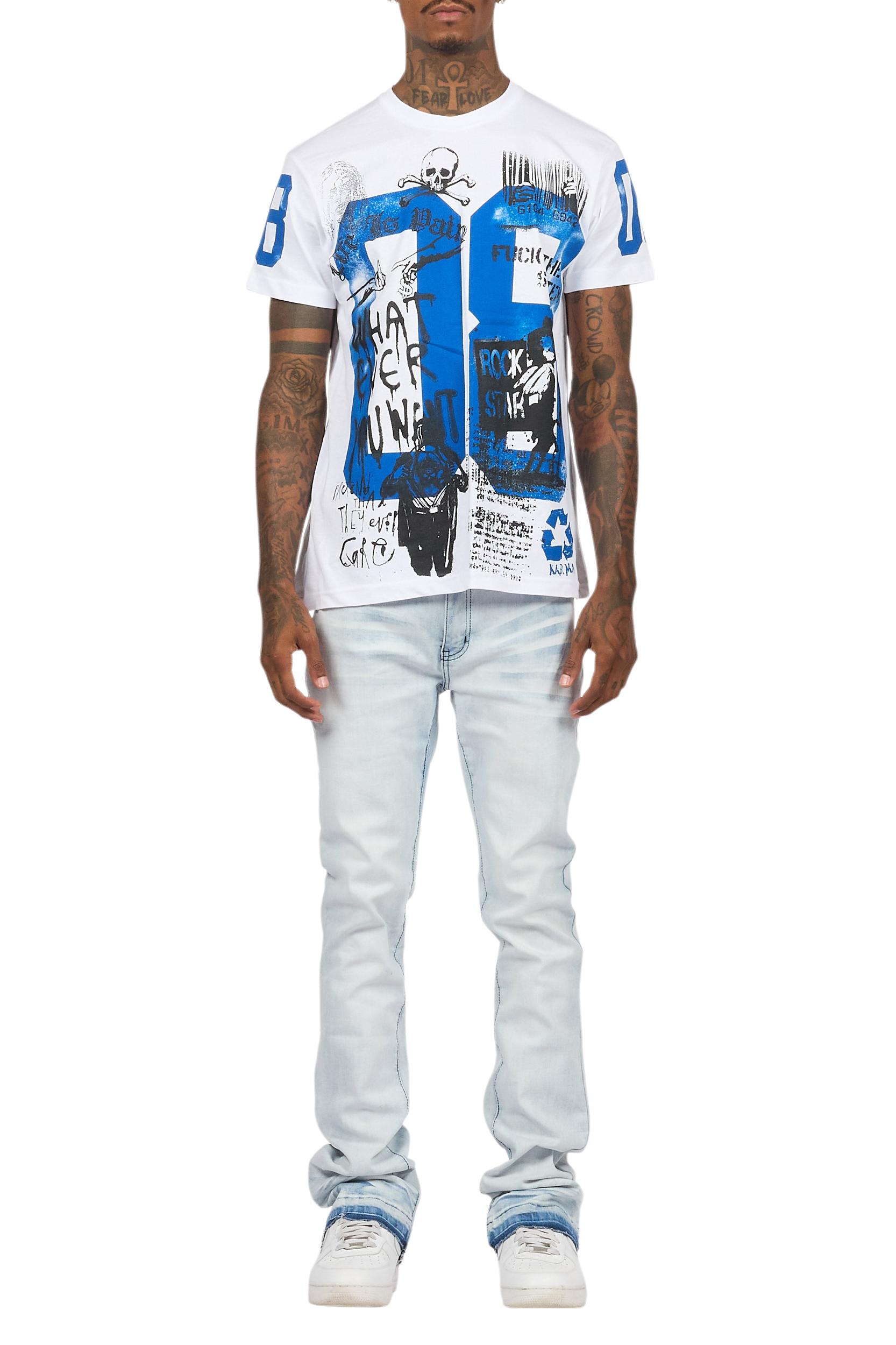 Grill White/Blue Oversized Graphic T-Shirt/Dag Stacked Flare Jean Set Male Product Image