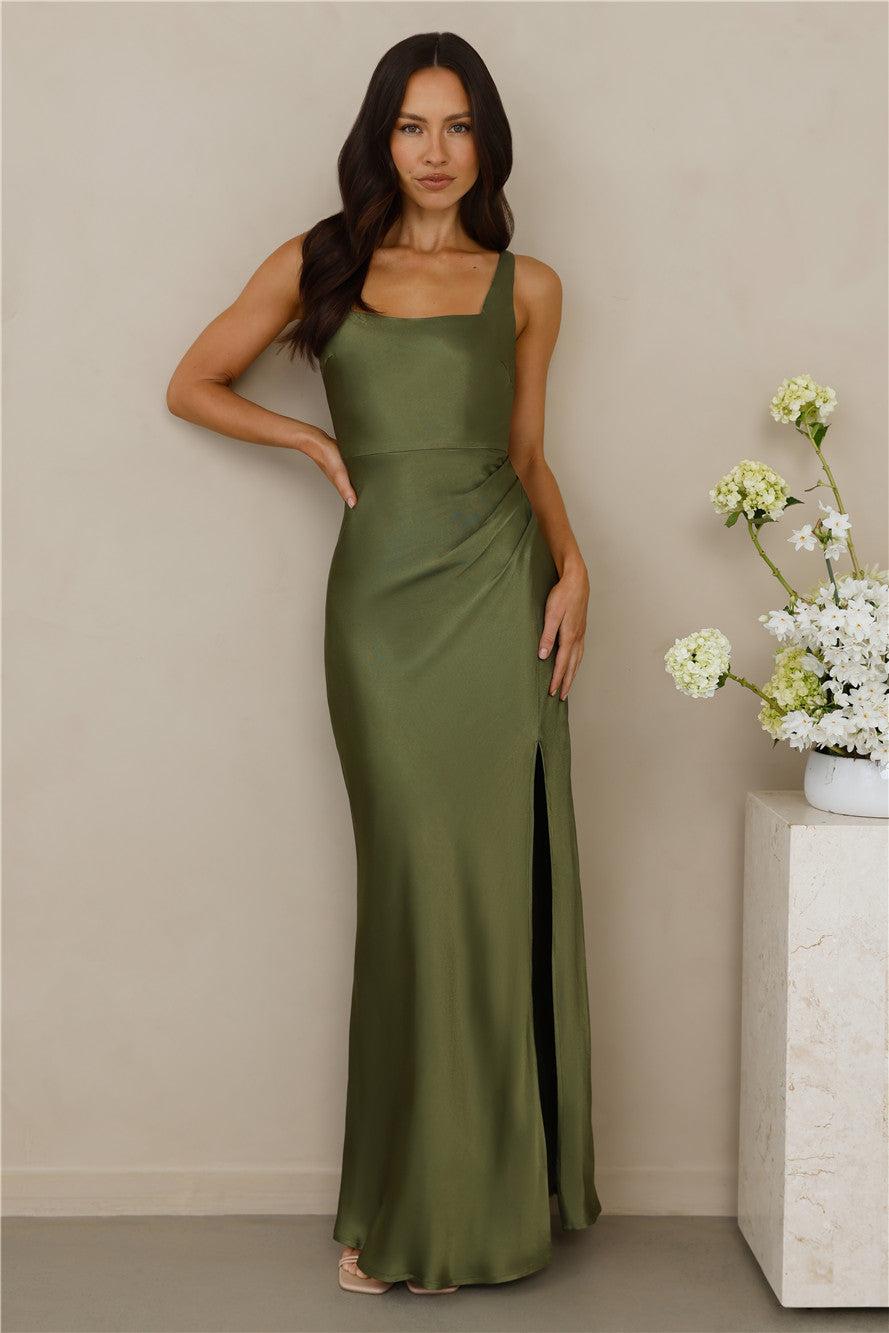 The Evelina Satin Maxi Dress Olive Product Image