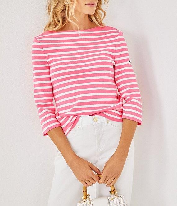 Lilly Pulitzer x Saint James Voissey Contrast Stripe Round Neck 3/4 Sleeve Fine Gauge Knit Sweater Product Image
