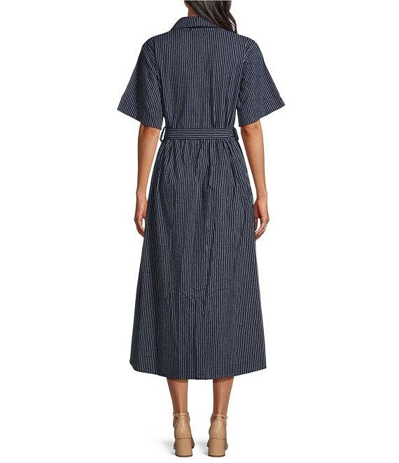 M Made in Italy Pinstriped Stretch Poplin Notch Collar Short Sleeve Self-Belt Midi Shirtdress Product Image