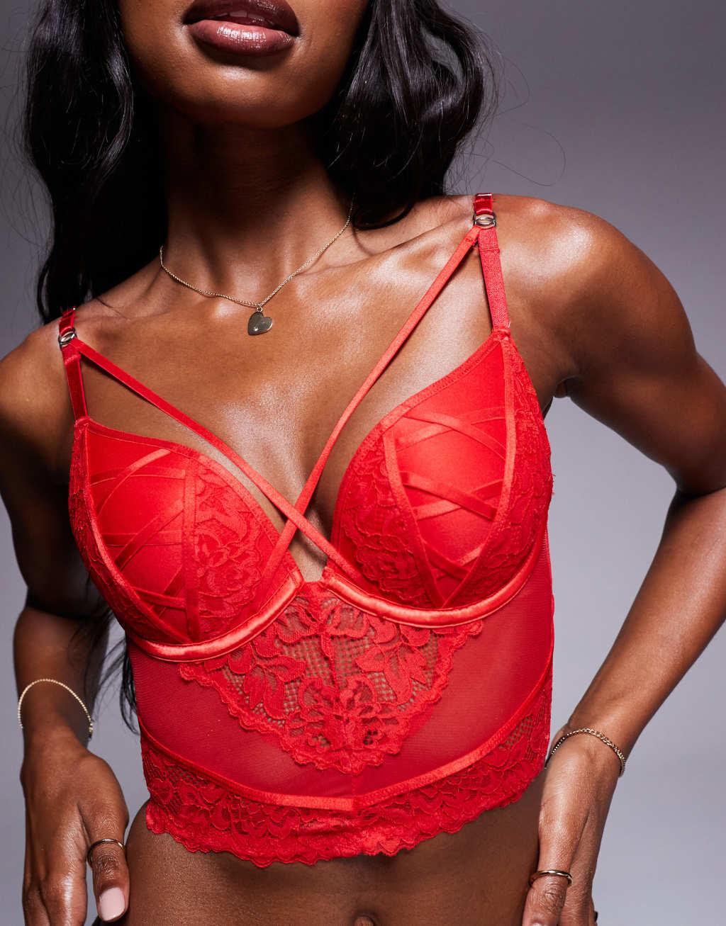 Ann Summers sweet surrender padded plunge corset lace and mesh bra in red Product Image