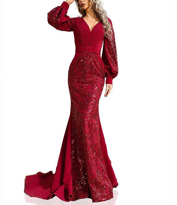 Terani Couture Belted V-Neck Long Bishop Sleeves Sequined Two Way Stretch Satin Mermaid Gown Product Image