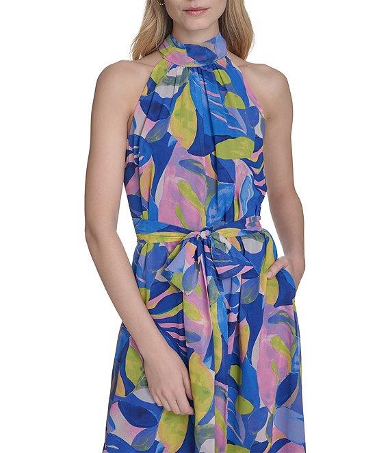 Eliza J Chiffon Floral Print Halter Neck Sleeveless Waist Tie Blouson Midi Dress Product Image
