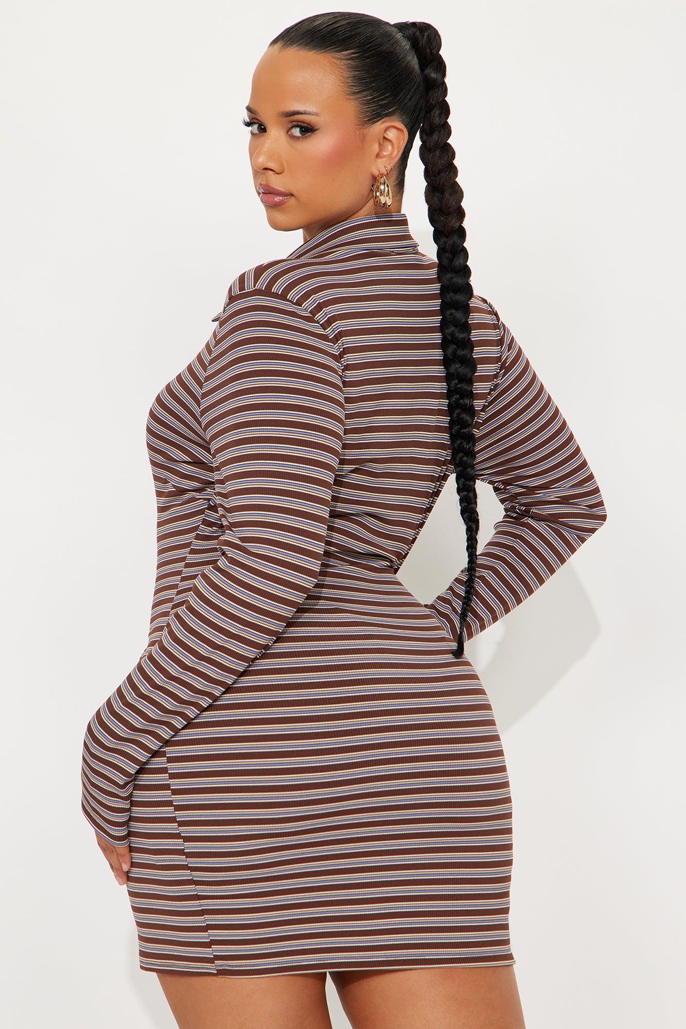 Autumn Striped Shirt Mini Dress - Brown/combo Female Product Image