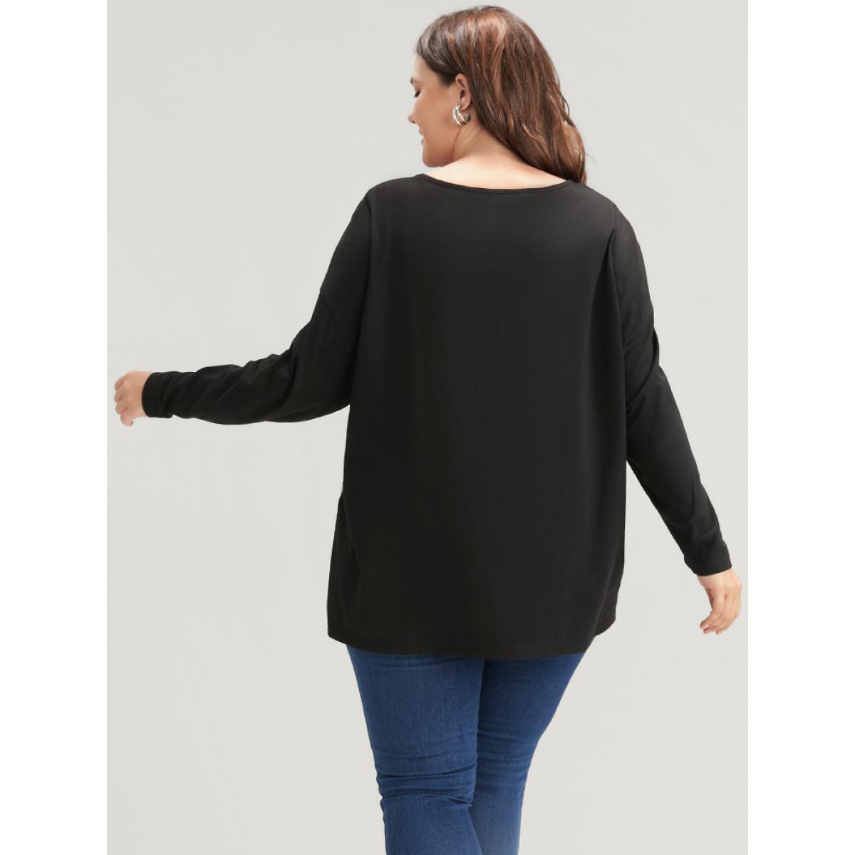 Plus Size Leopard Drop Shoulder Split Long Tee Black Women Casual Leopard Round Neck Dailywear T-shirts BloomChic 30/6X Product Image