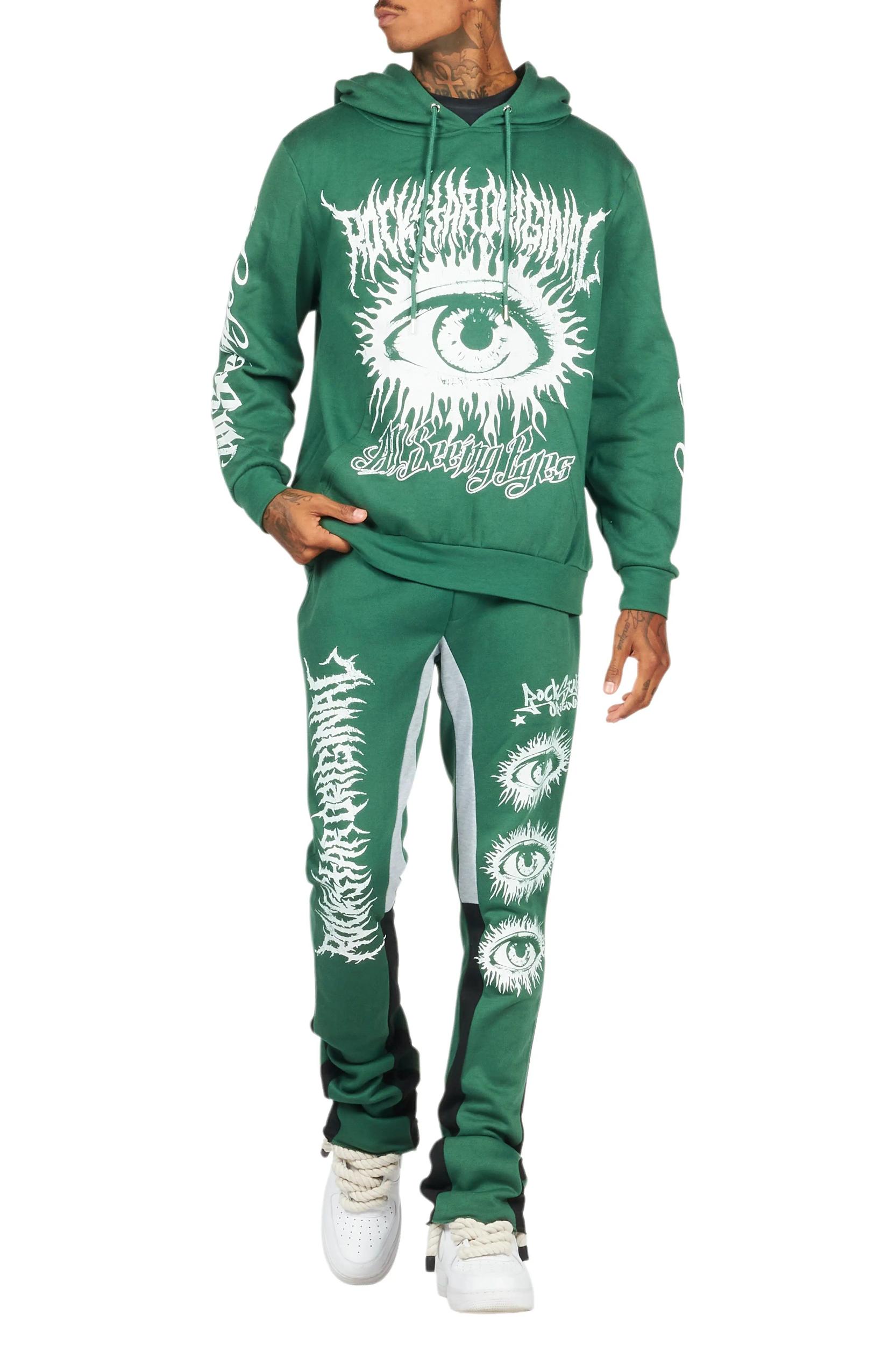 All Seeing Eyes Dark Green Stacked Flare Track Pant Set Male Product Image
