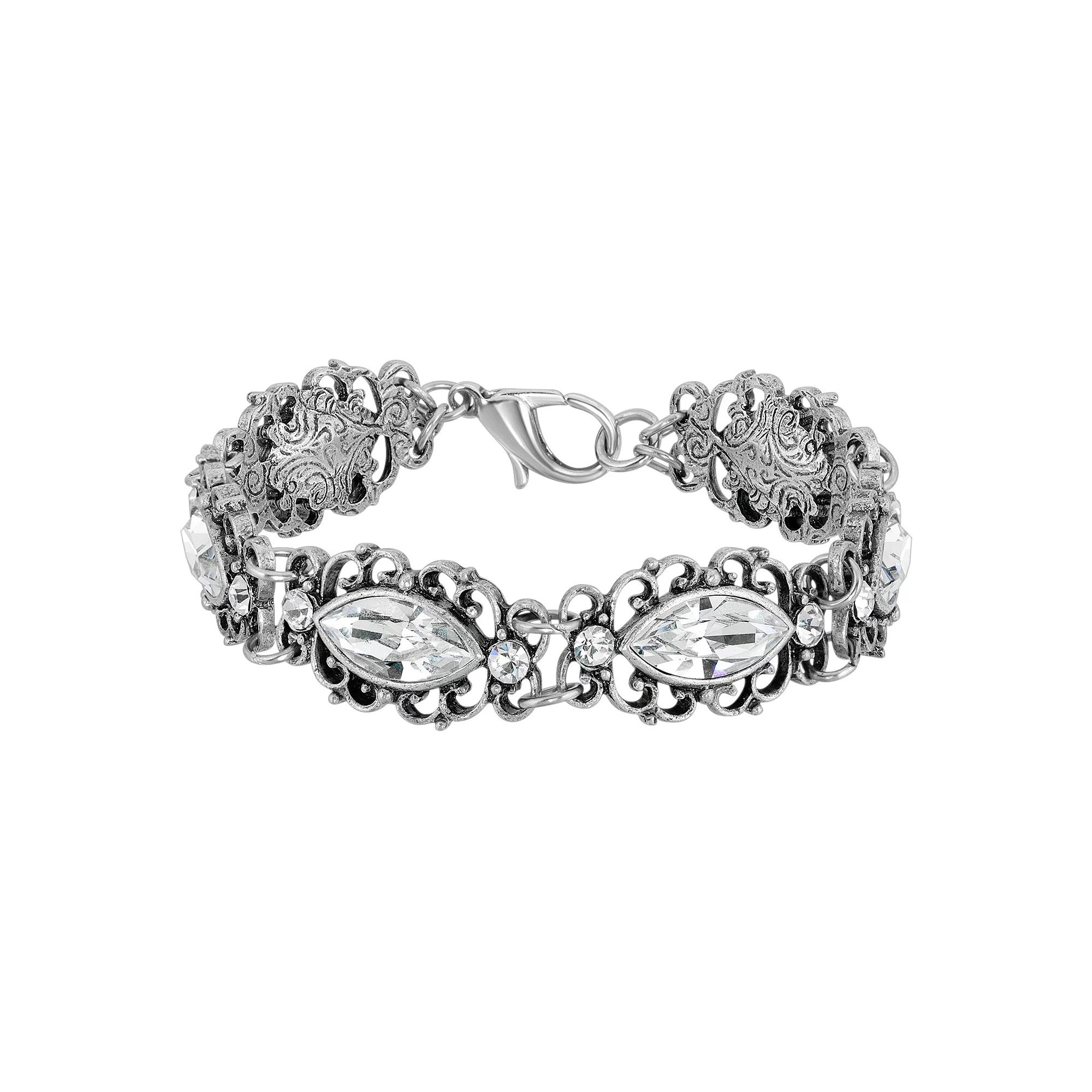 1928 Silver Tone Simulated Crystal Filigree Bracelet, Womens, Clear Product Image