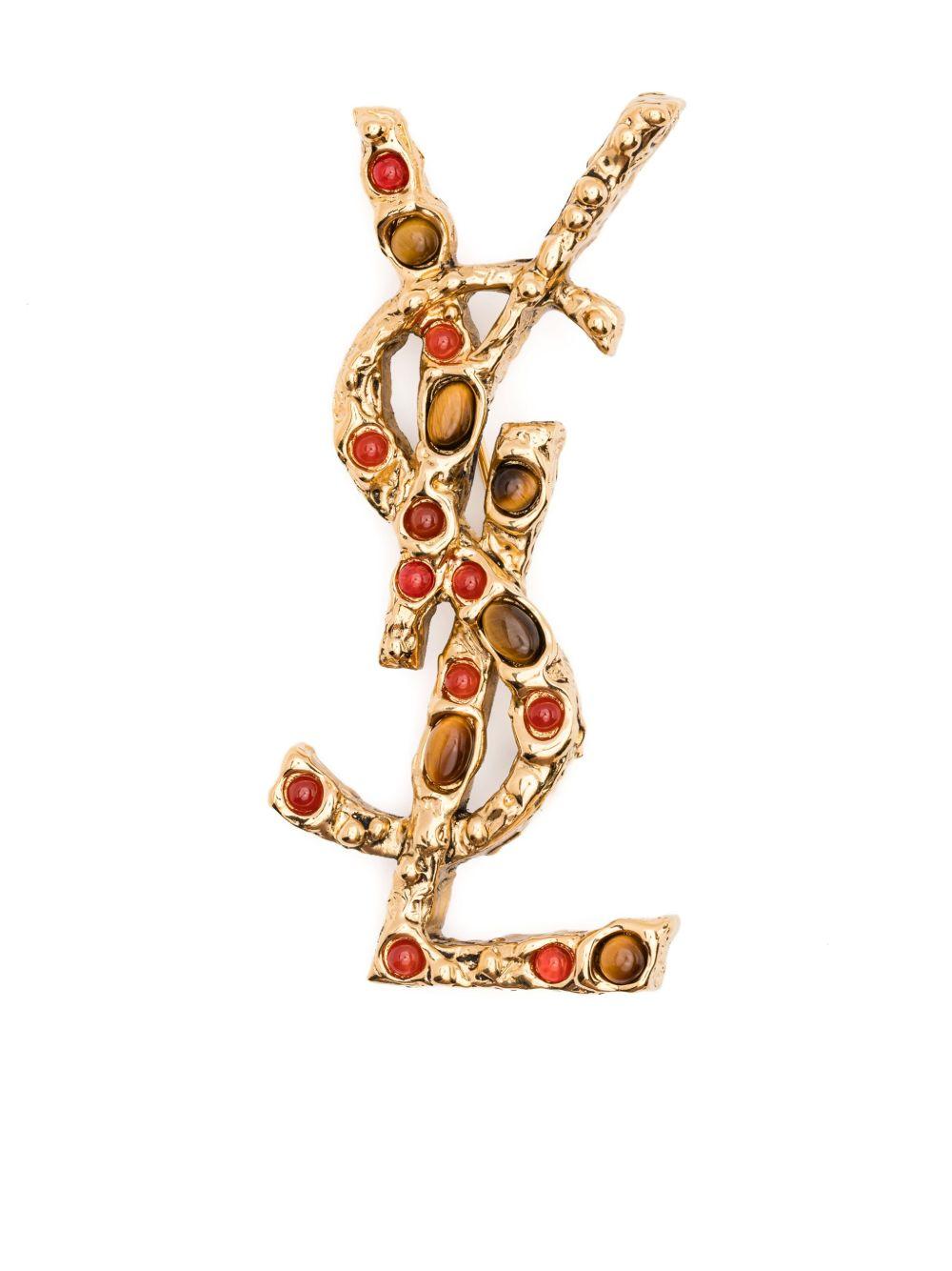 SAINT LAURENT Embellished Cassandre Brooch In Gold Product Image