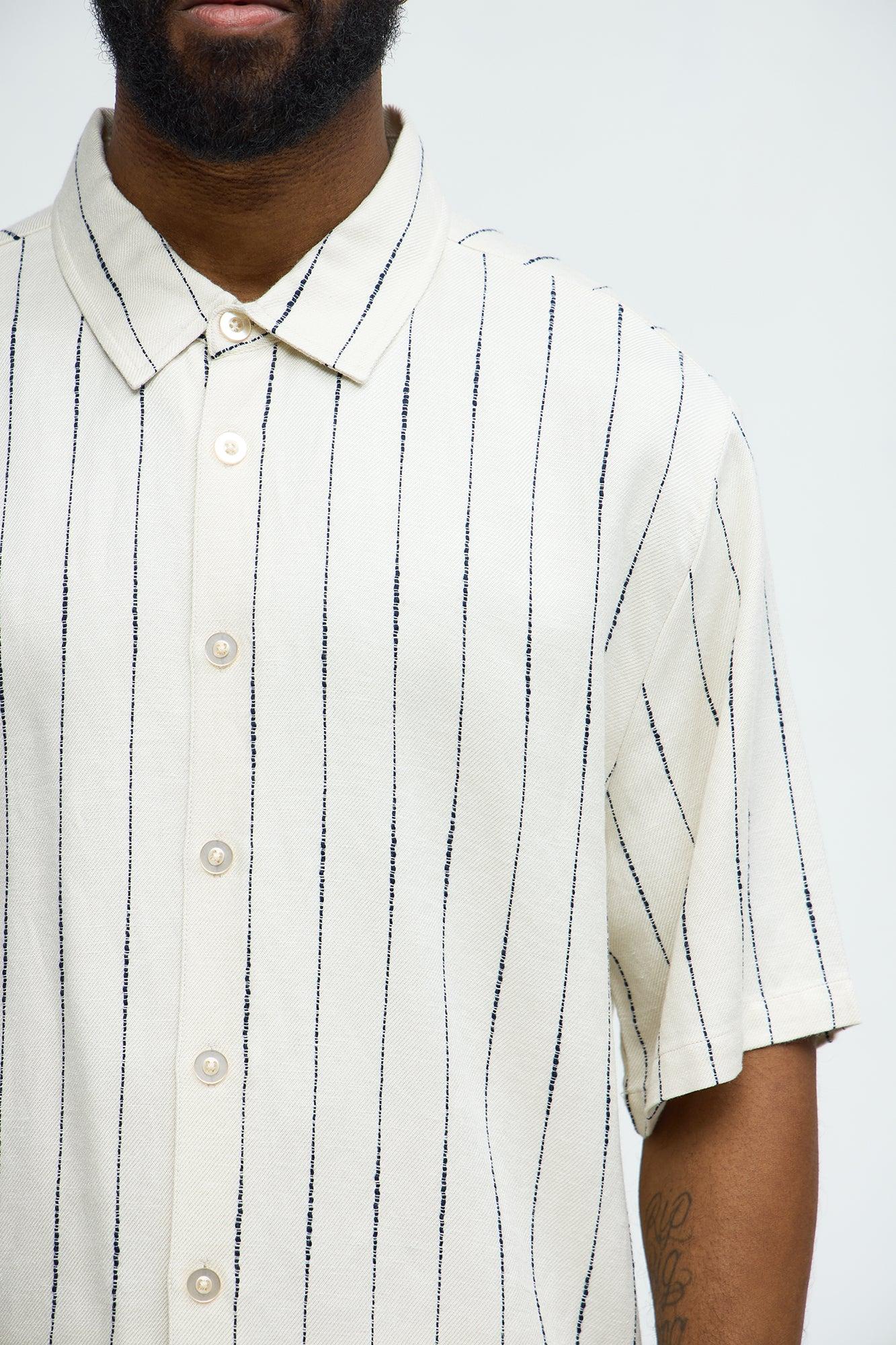 Slub Striped Linen Short Sleeve Button Up - Cream/combo Product Image