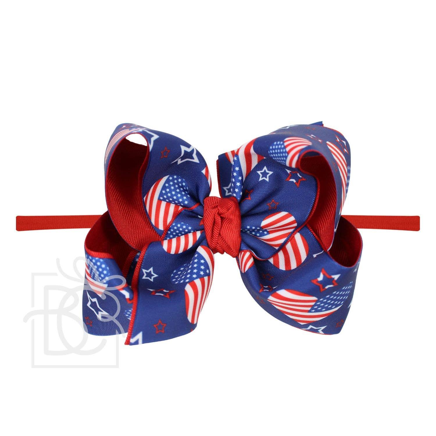 1/4" PANTYHOSE HEADBAND W/ LAYERED PATRIOTIC HEART PRINT BOW: 4.5" Large Product Image