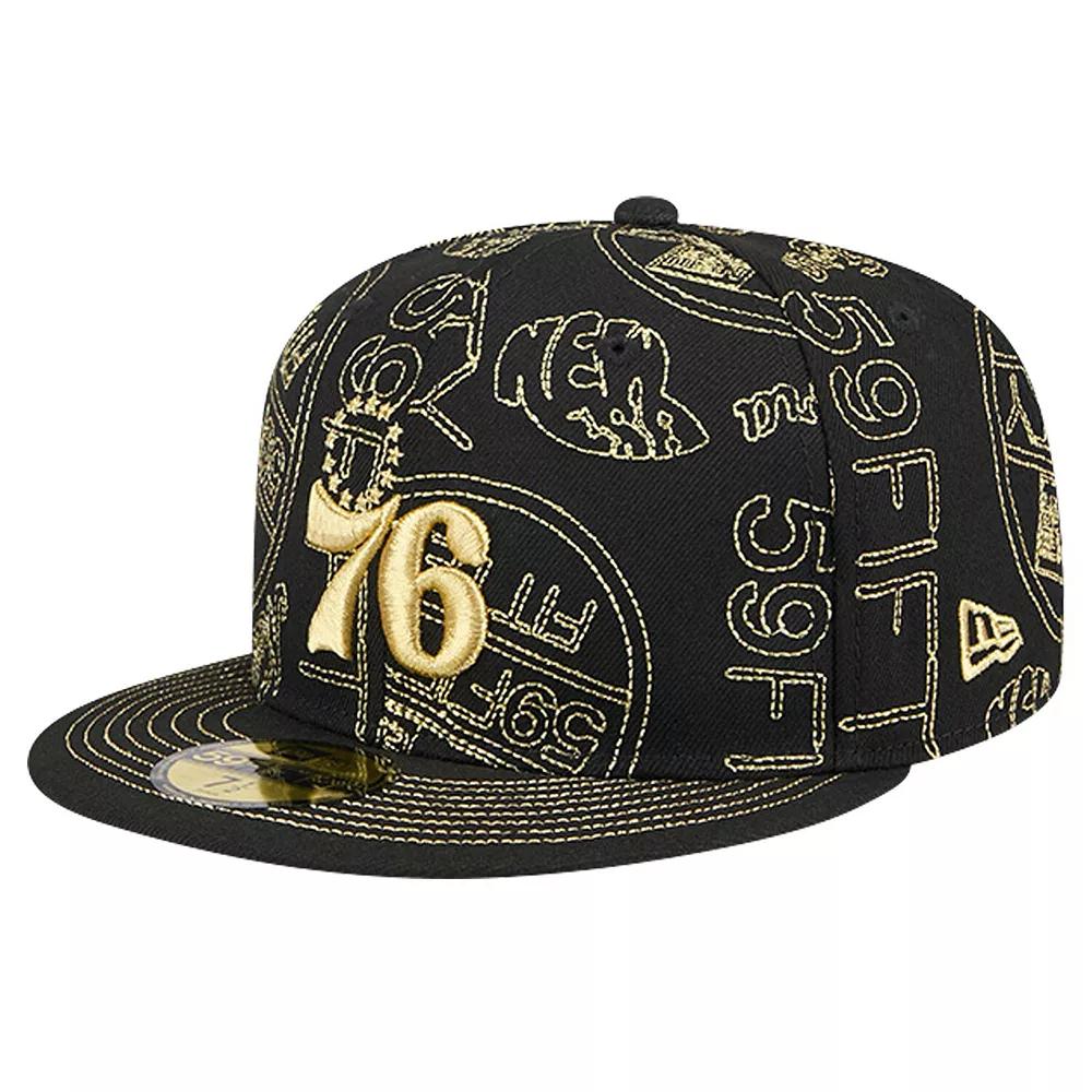Men's New Era Black Philadelphia 76ers 59FIFTY Day Allover Print Stencil Fitted Hat, Size: 7 3/8, 76r Black Product Image