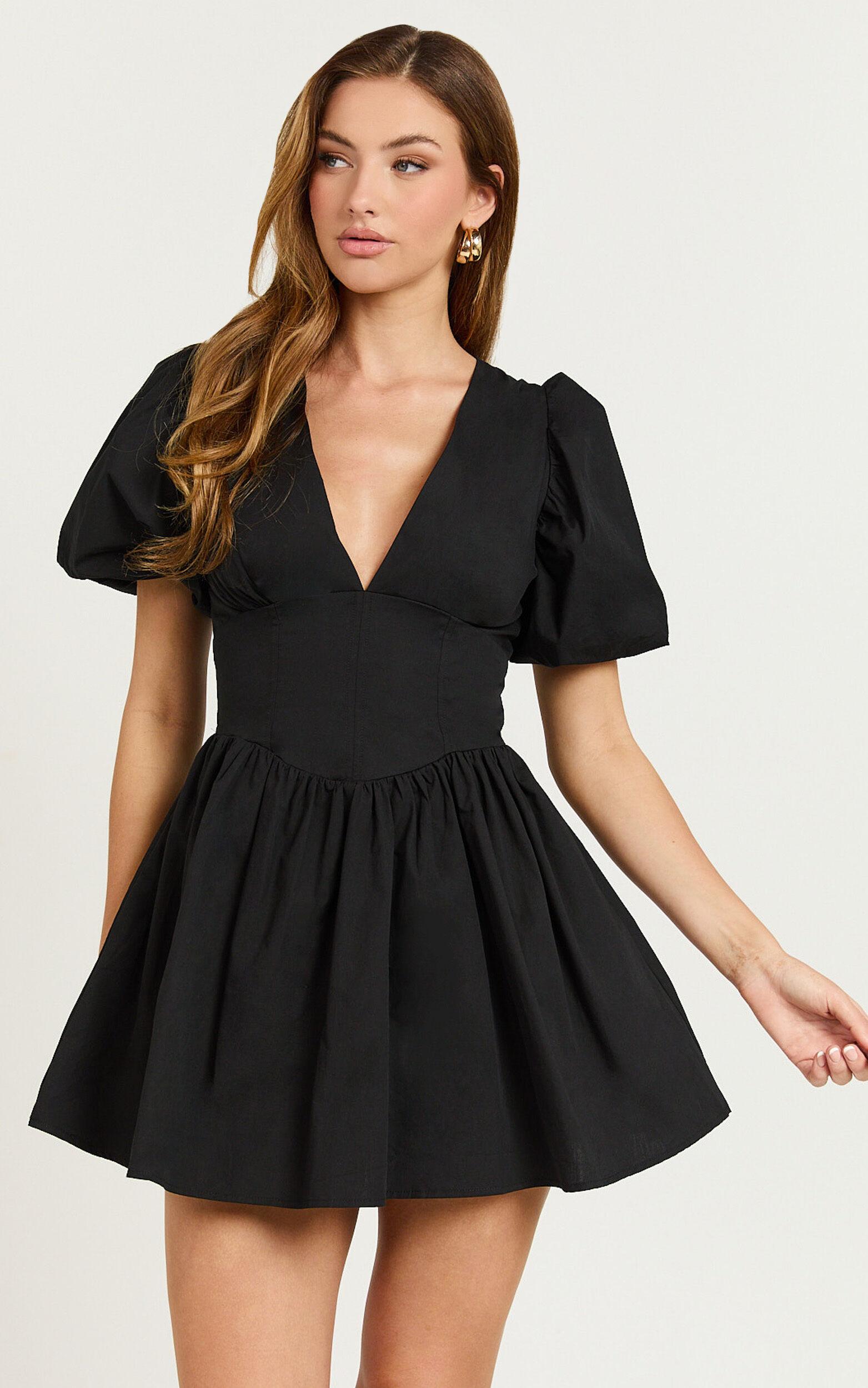 Nelli Mini Dress - Short Puff Sleeve Shirred Back Dress in Black Product Image