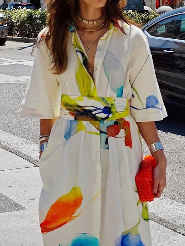 Half Sleeves Loose Asymmetric Printed Split-Joint Tied Waist Lapel Maxi Dresses Shirt Dress Product Image