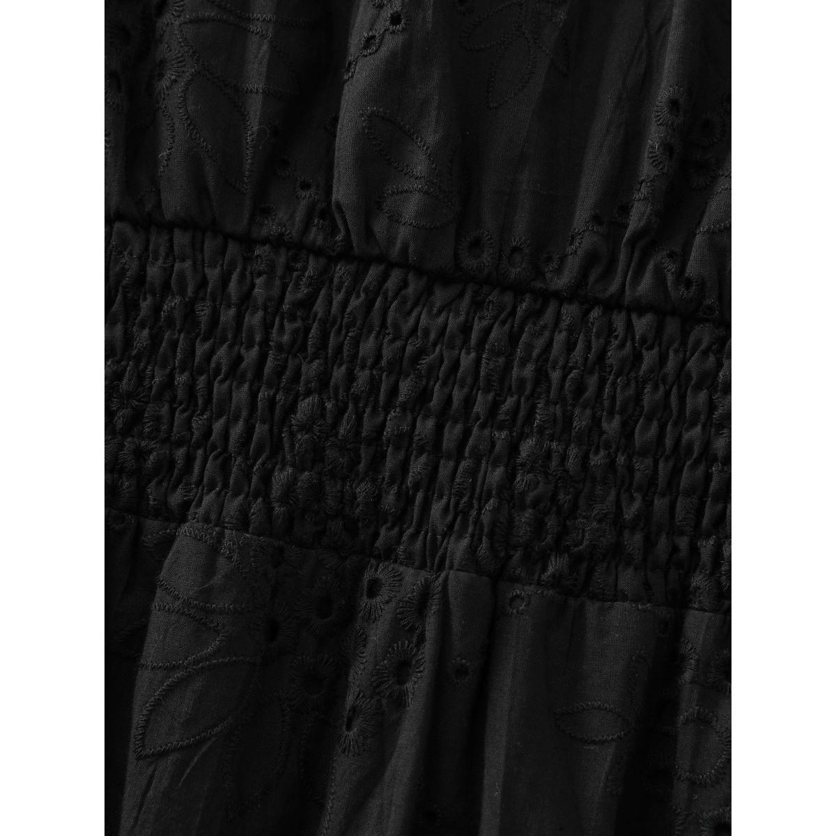 Plus Size Cotton Floral Eyelet Embroidery Tiered Midi Dress Black Women Timeless Texture Flat collar with V-notch Long Sleeve Curvy BloomChic 28/5X Product Image