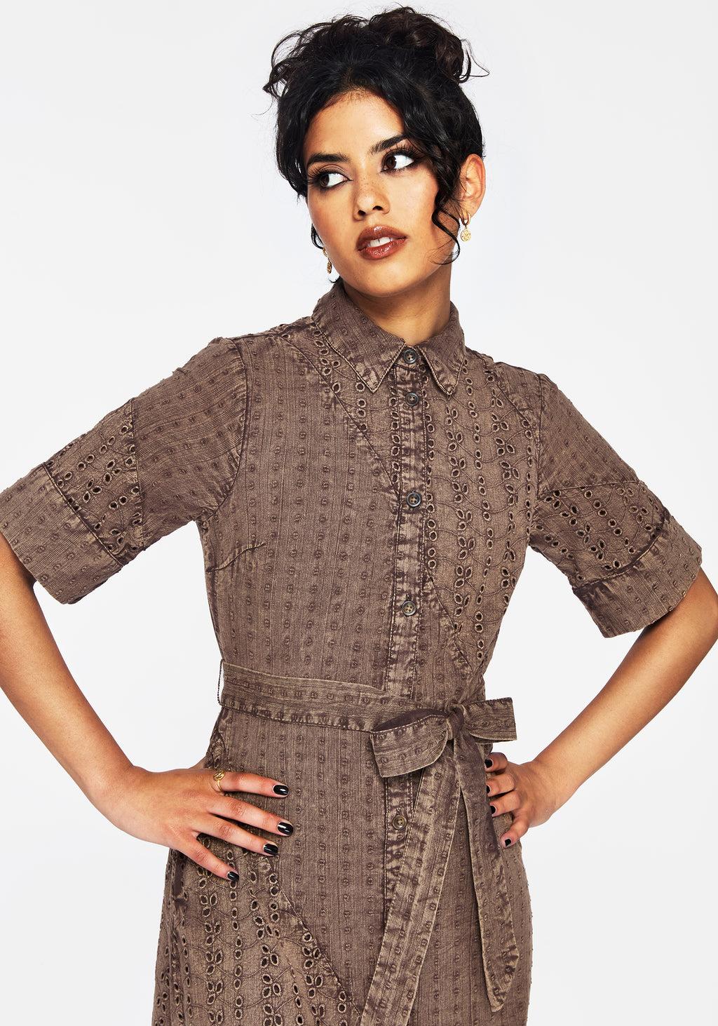 Summerisle Cotton Broderie Detail Tie Wrap Midi Shirt Dress Product Image