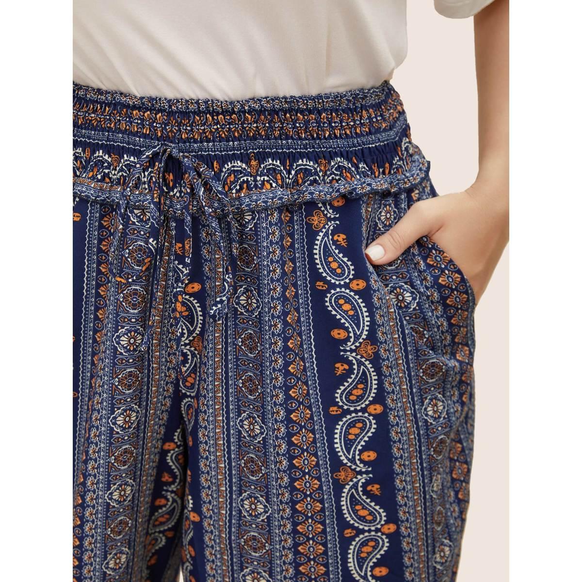 Plus Size Bandana Print Frill Trim Drawstring Pants Women Indigo Casual Wide Leg Mid Rise Everyday Pants BloomChic 14-16/1X Product Image