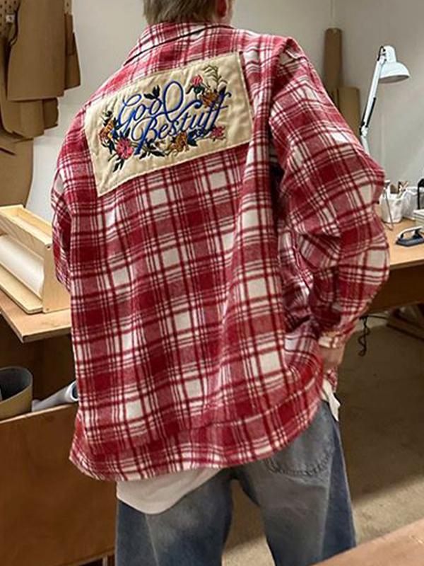 Men's Vintage Plaid Print Embroidery Long Sleeve Blouse Product Image