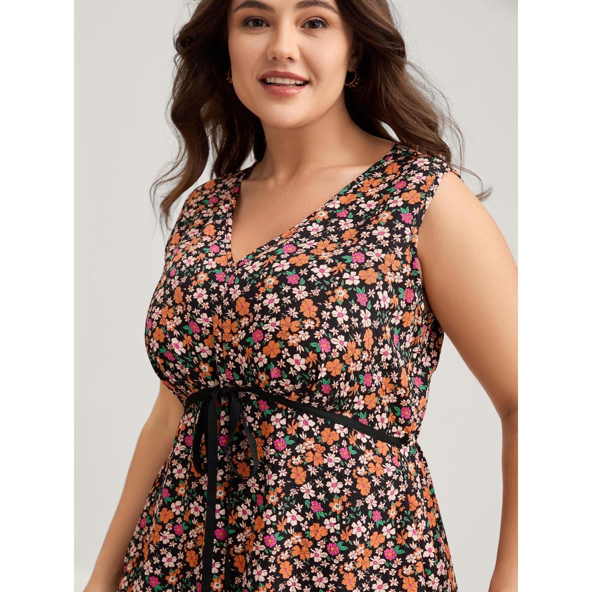 Plus Size Floral Waist Tie Side Pockets Midi Dress Black Women V-neck Sleeveless Curvy BloomChic 10/M Product Image