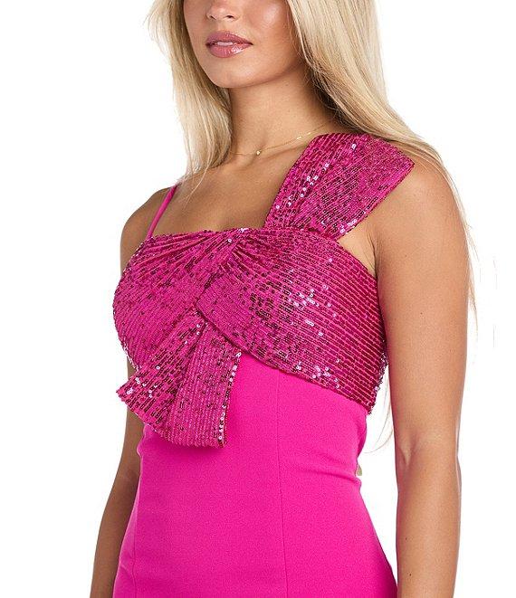 Morgan & Co. Sequin Scuba Crepe One Shoulder Side Bow Long Dress Product Image