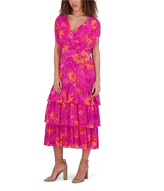 Kensie Ruffle Floral Print Burnout Chiffon V-Neck Short Sleeves Dropped Shoulder A-Line Dress Product Image