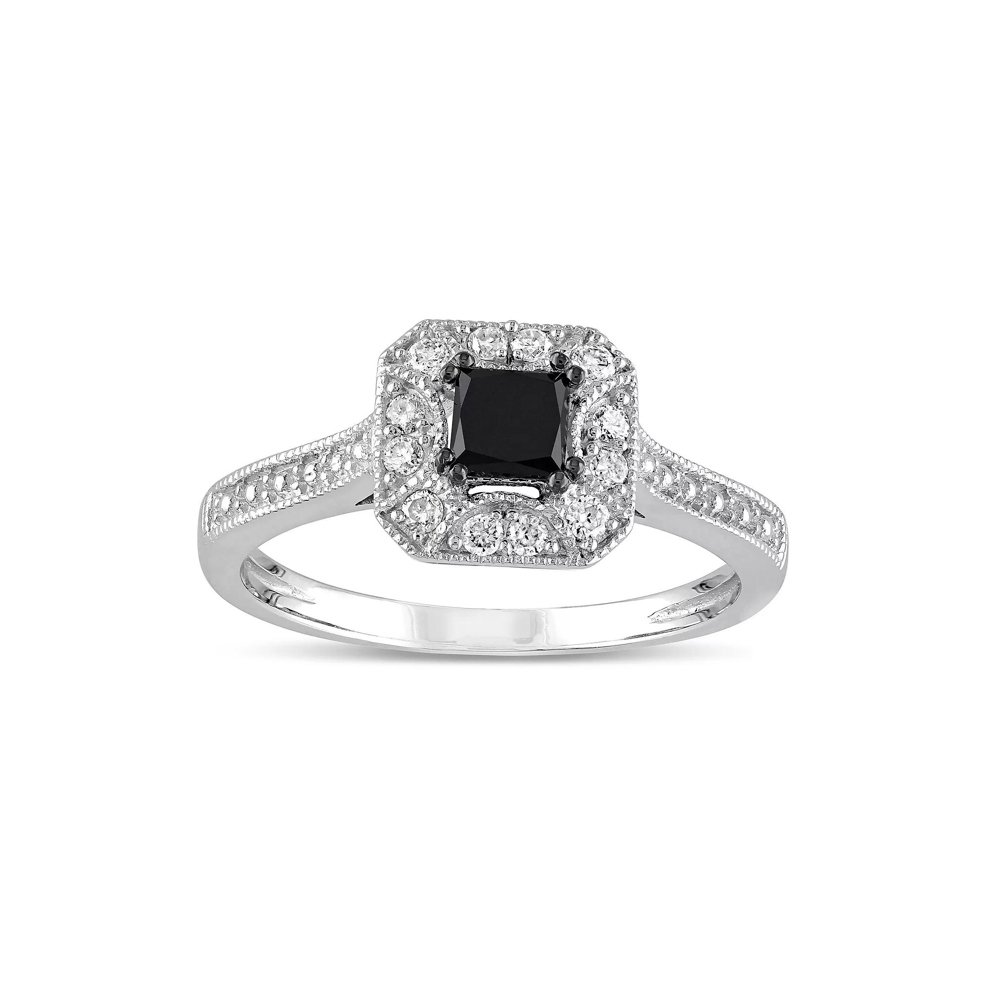 Stella Grace 10k White Gold 1/2 Carat T.W. Black & White Diamond Halo Engagement Ring, Women's,  Product Image