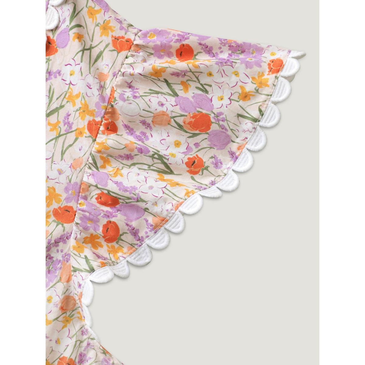 Plus Size Multicolor Cotton Floral Print Lace Trim Notched Blouse Women Cap Sleeve Notched collar Everyday-Casual Blouses BloomChic 10/M Product Image