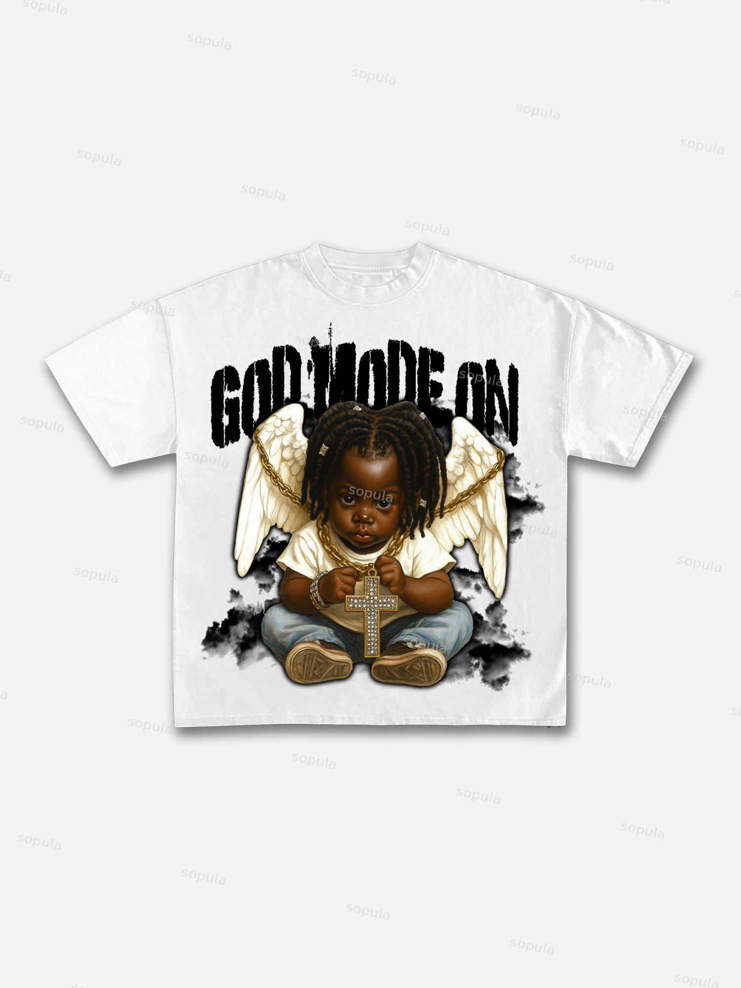 Black Kid Angel God Mode Is On Vintage Graphic Cotton T-shirt Product Image