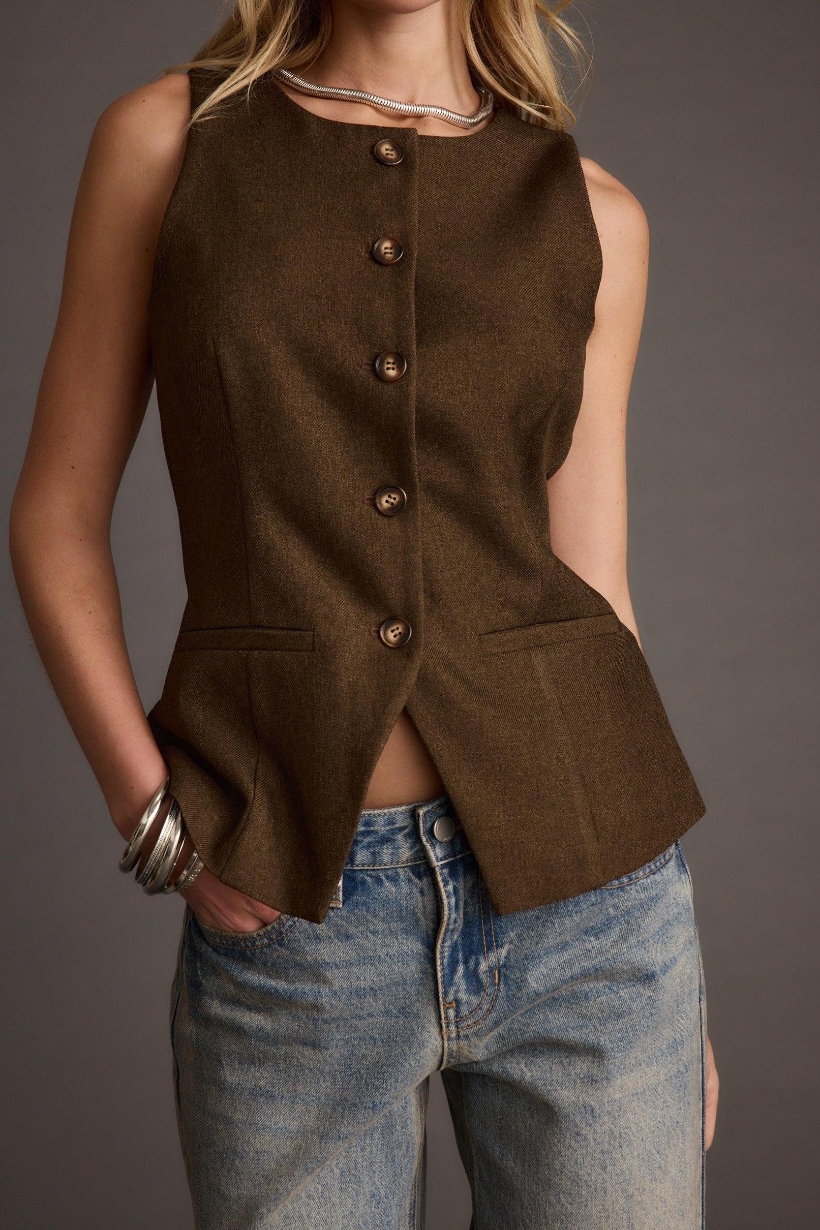 Tory Mocha Twill Button Front Sleeveless Top Product Image