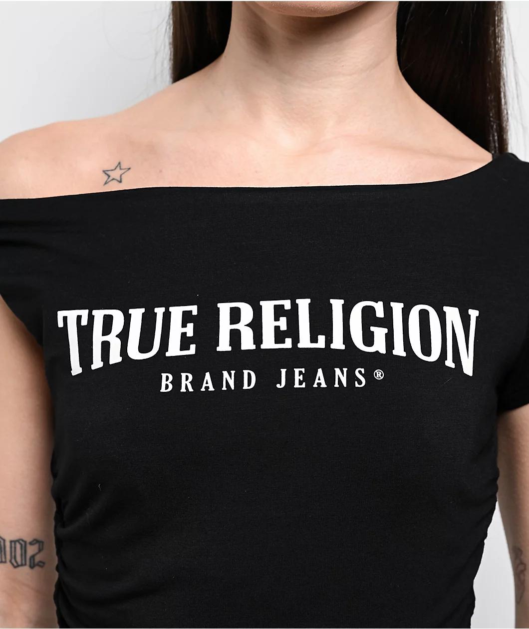 True Religion Asymmetrical Black Crop T-Shirt Product Image
