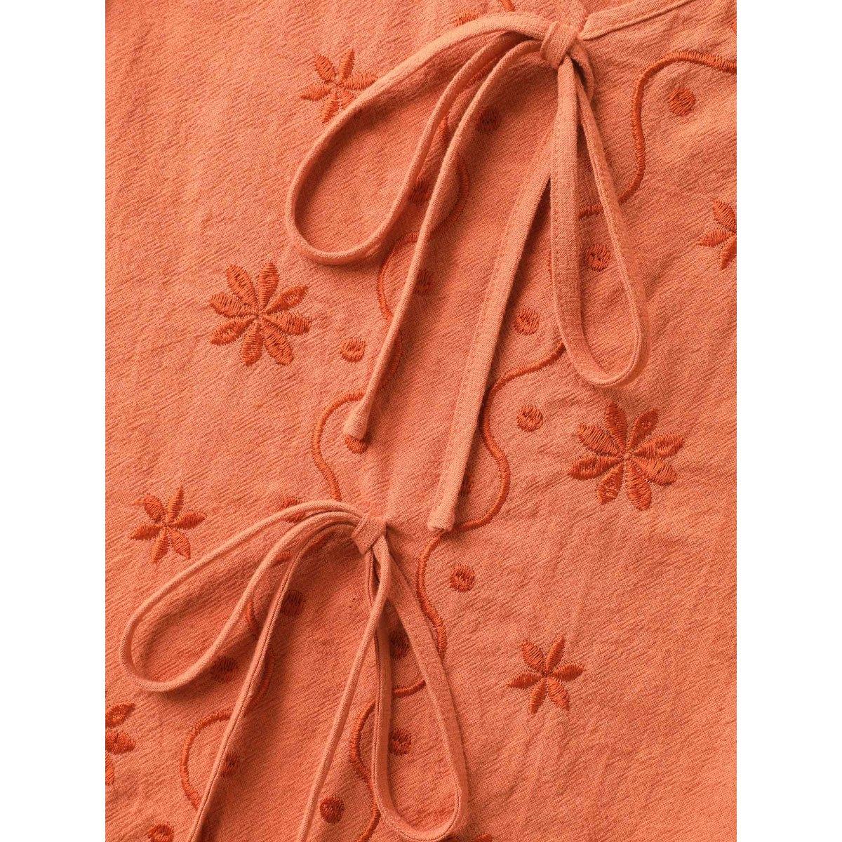 Plus Size Ribbon Tie Embroidered Cotton Tank Top Women Brightorange Boho Tie knot V-neck Vacation Tank Tops Camis BloomChic 30/6X Product Image