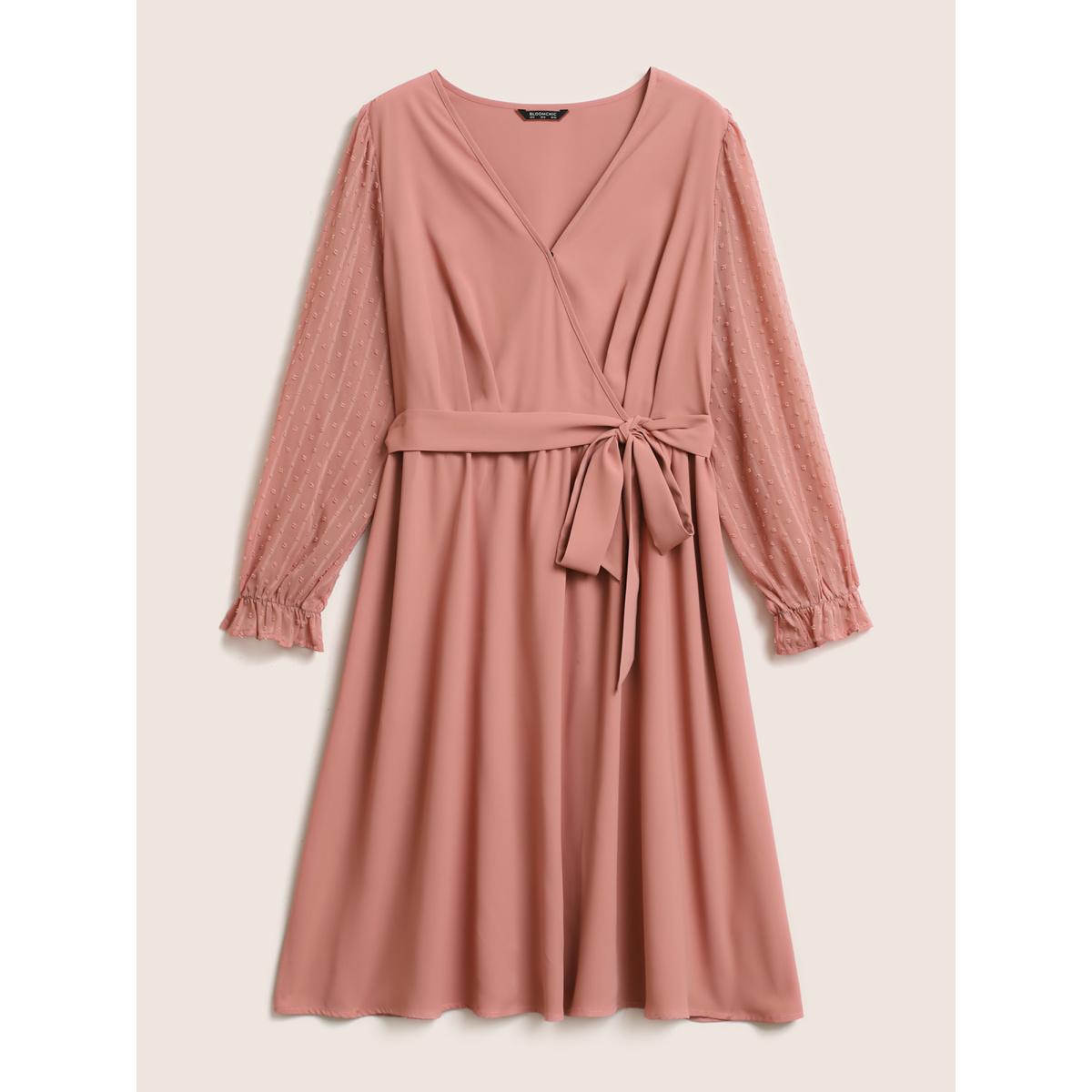 Plus Size Plain Mesh Textured Patchwork Belted Dress DustyPink Women At the Office Texture Overlap Collar Long Sleeve Curvy Midi Dress BloomChic 14-16/1X Product Image