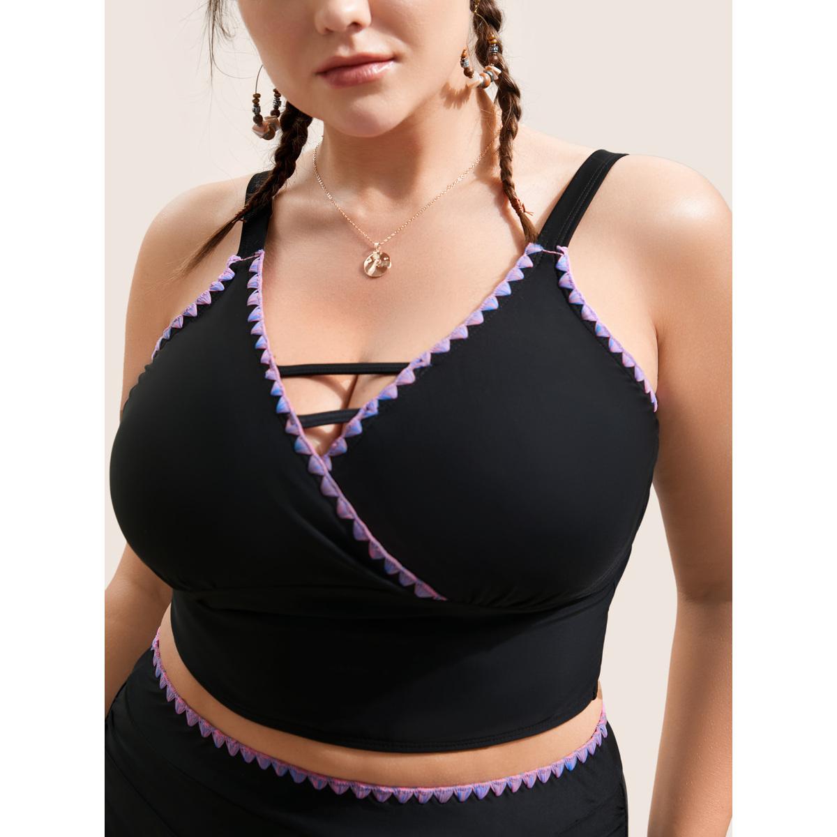Plus Size Shell Stitch Hollow Out Warp Swim Top Women's Swimwear Black Beach Non High stretch Skinny V-neck Curve Swim Tops BloomChic 30/6X Product Image