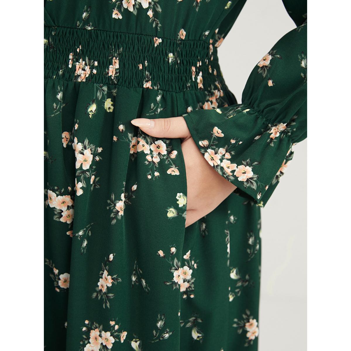 Plus Size Floral Lantern Sleeve Pocket Wrap Shirred Dress Without Hat DarkGreen Women Elegant Pocket V-neck Long Sleeve Curvy Midi Dress BloomChic 26/4X Product Image