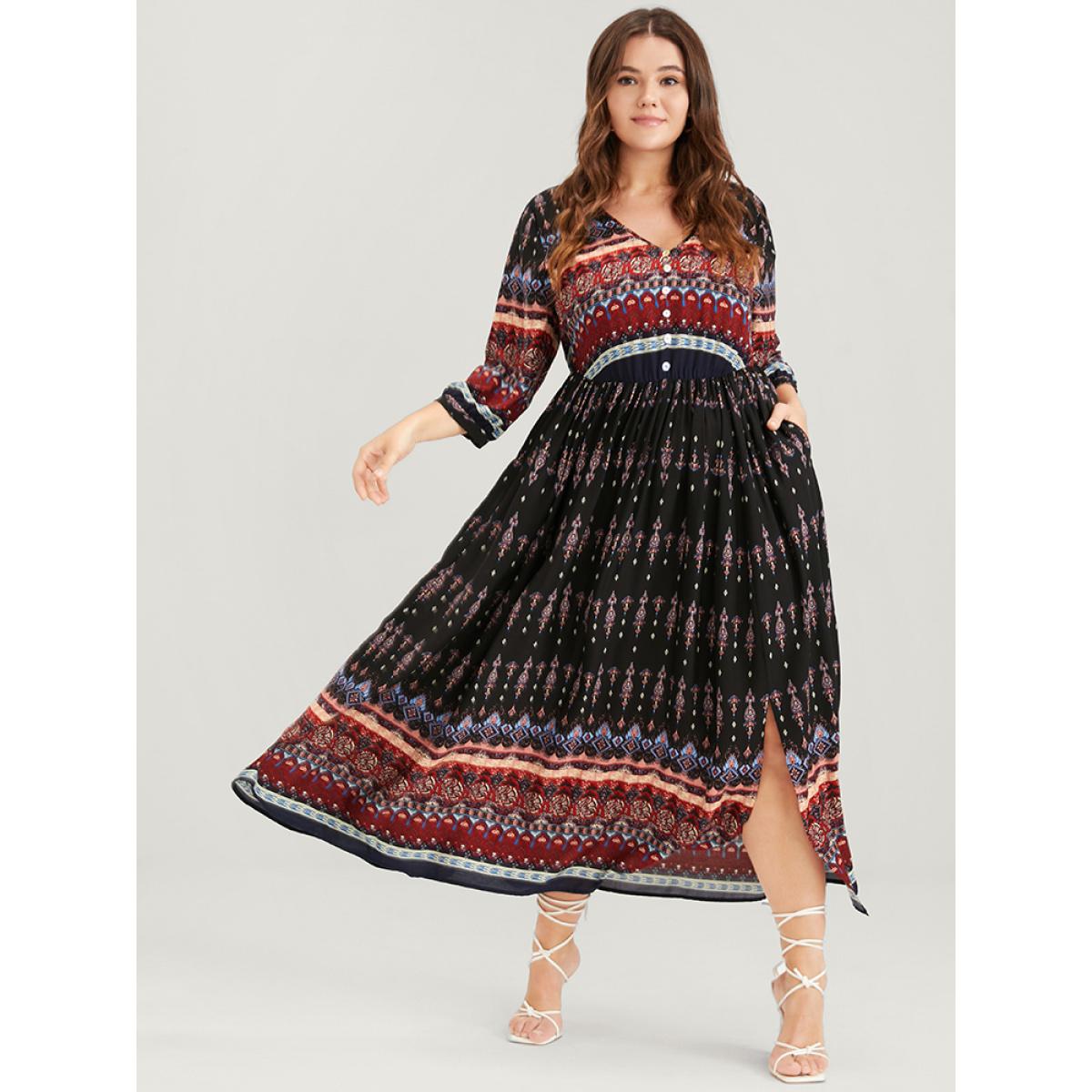 Plus Size Bandana Button Pocket Flutter Split Hem Midi Dress Black Women Elegant Elastic Waist V-neck Elbow-length sleeve Curvy Long Dress BloomChic 28/5X Product Image