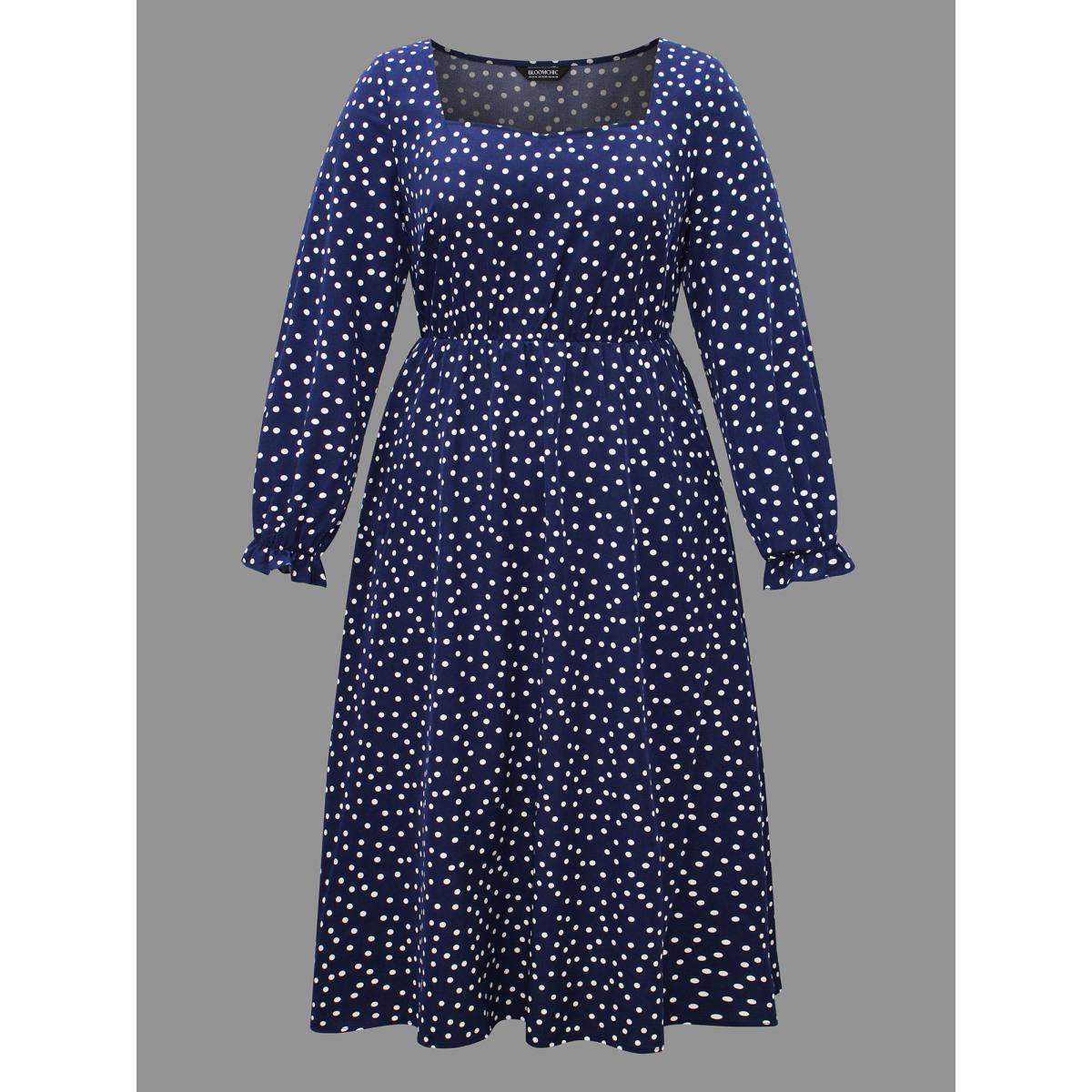 Plus Size Polka Dot Heart Neckline Midi Dress Indigo Women At the Office Ruffles Heart neckline Long Sleeve Curvy BloomChic 28/5X Product Image
