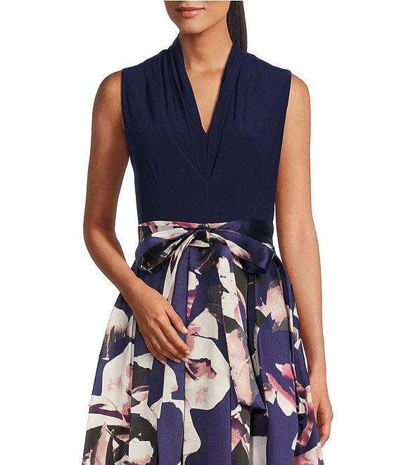 Ignite Evenings Floral Print Mikado Tie Waist V-Neck Sleeveless High-Low Midi Dress Product Image