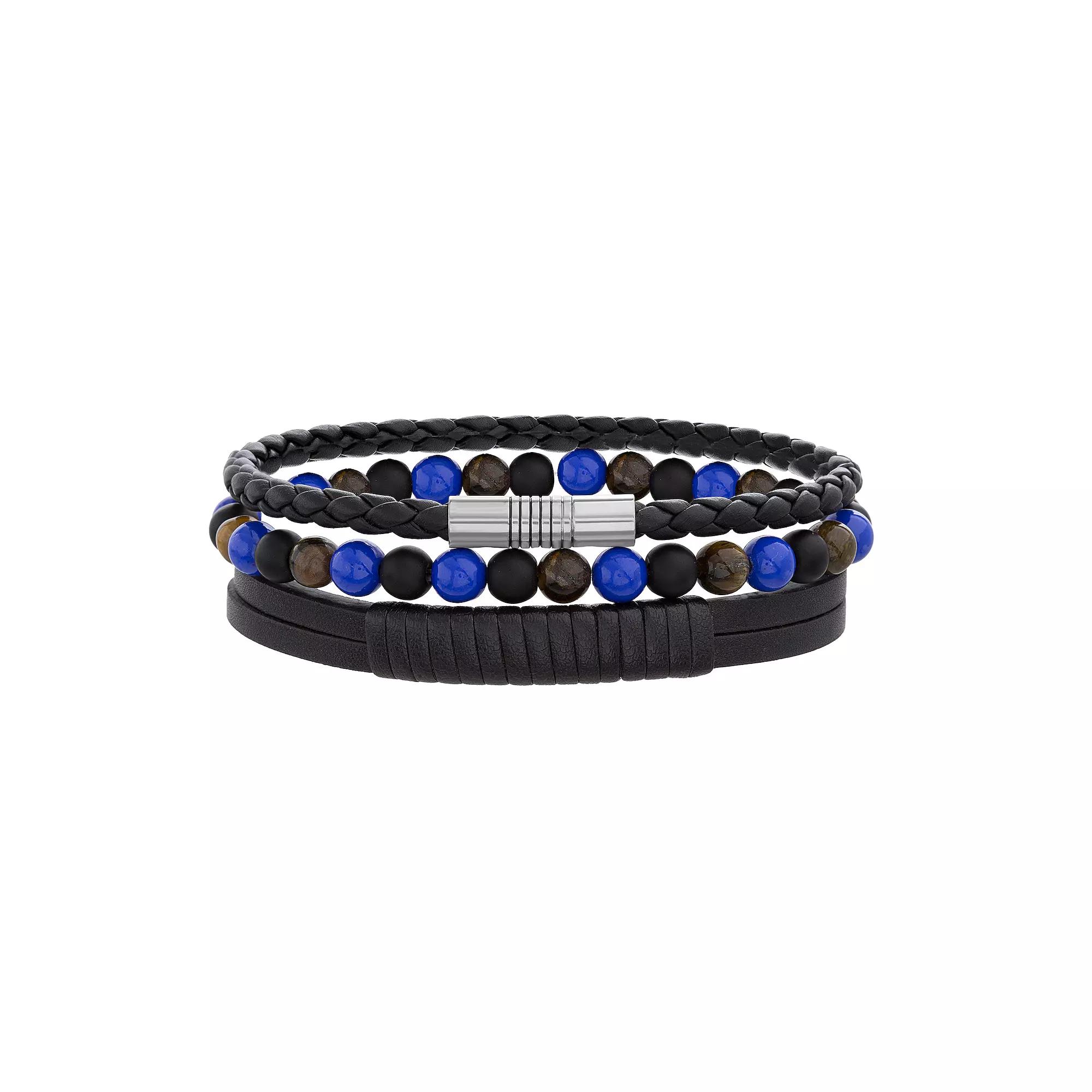 1913 Men's Tiger Eye & Sodalite Bead & Vegan Leather Bracelet Set, Size: 8.5", Stainless Product Image