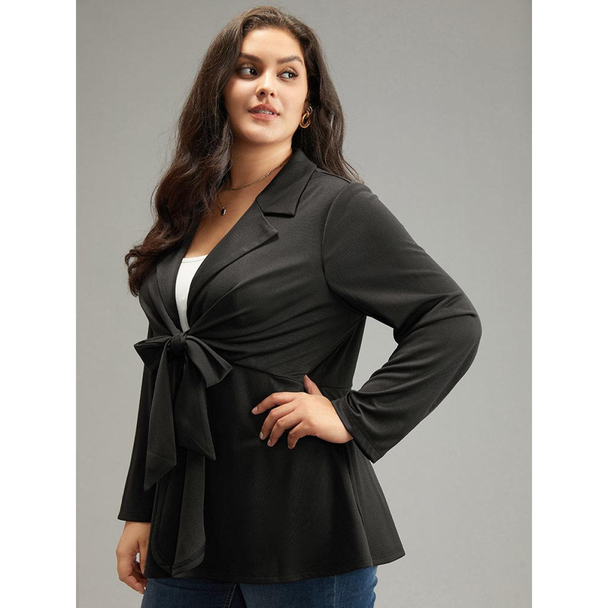 Plus Size Suit Collar Knot Ruffle Hem Blazer DarkGreen Women Work Plain Plain Sleeve Long Sleeve Suit Collar 12/L Work From Home Blazers BloomChic Product Image