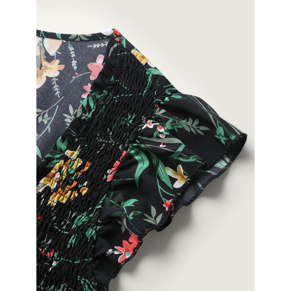 Plus Size Botanical Print Shirred Bodice Midi Dress Black Women Romantic Shirred Square Neck Cap Sleeve Curvy BloomChic 10/M Product Image