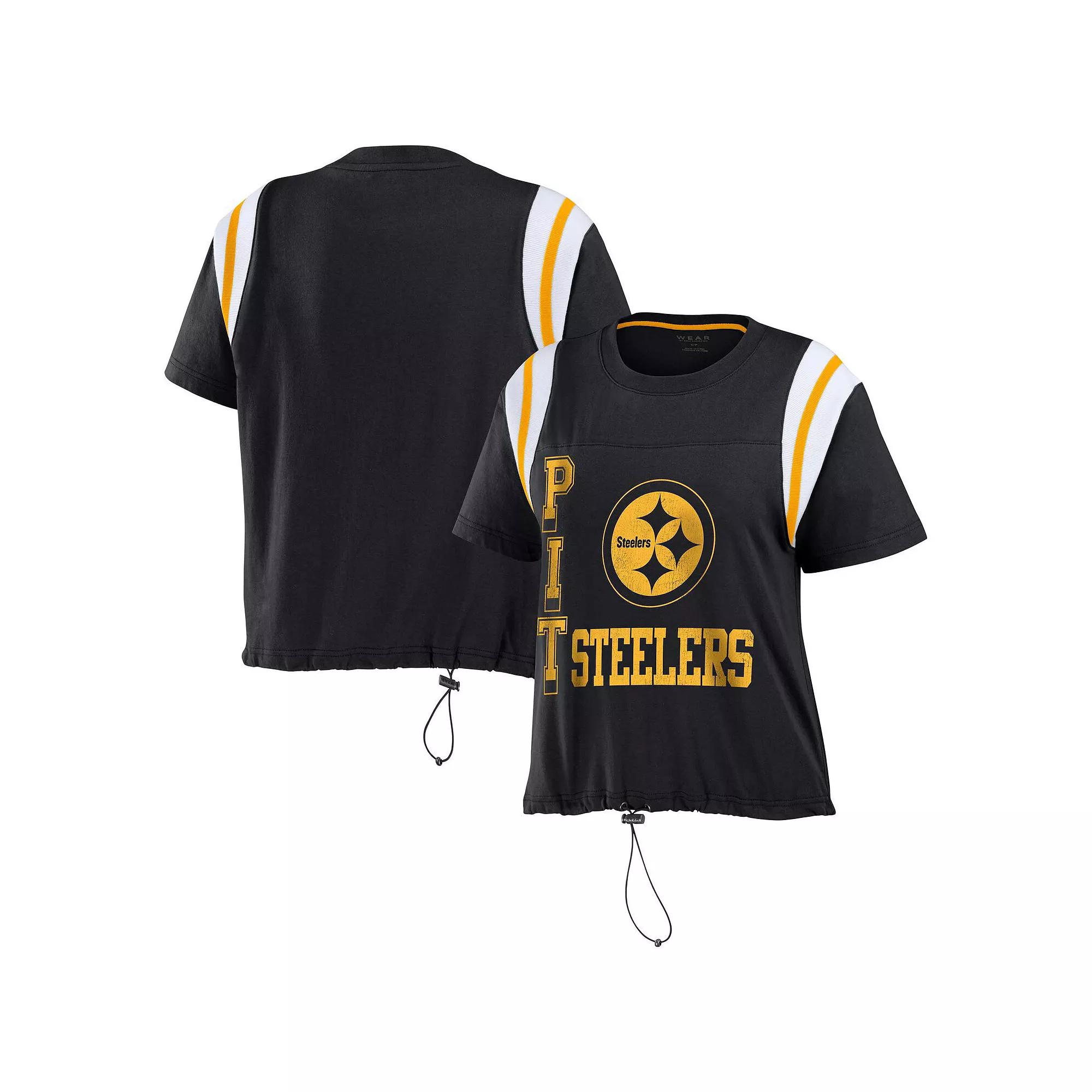 Women's WEAR by Erin Andrews Black Pittsburgh Steelers Cinched Colorblock T-Shirt, Size: XS Product Image