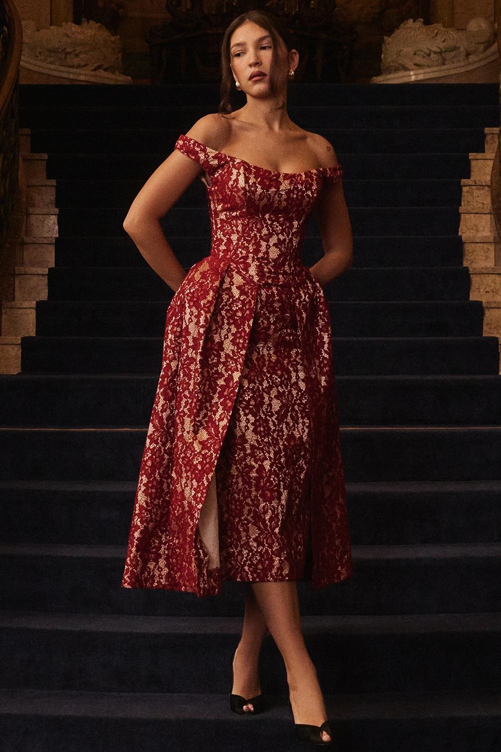 Charming  gold and berry lace midi off shoulder dress Product Image