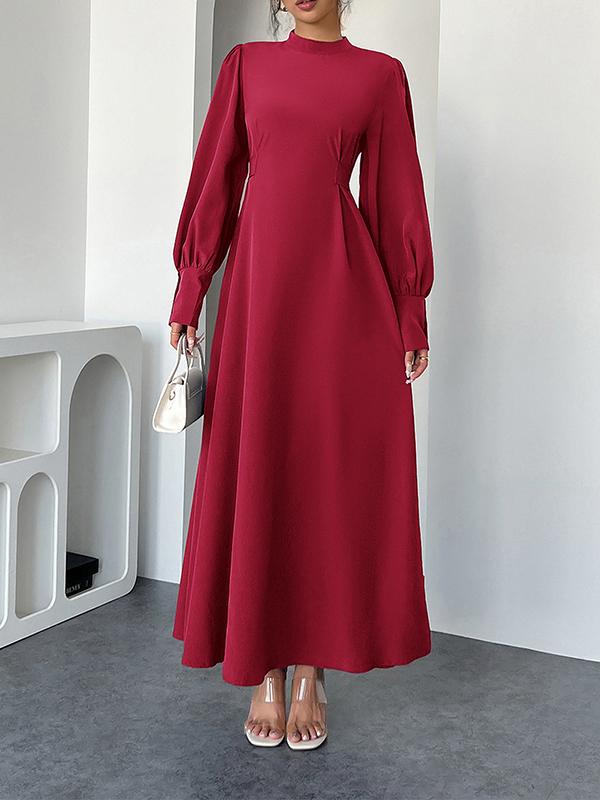 A-Line High Waisted Pleated Solid Color Tied Waist Mock Neck Maxi Dresses Product Image