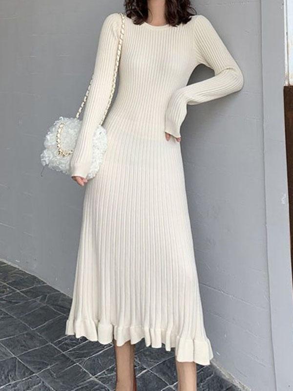 Long Sleeves Loose Ruffled Solid Color Round-Neck Midi Dresses Sweater Dresses Product Image
