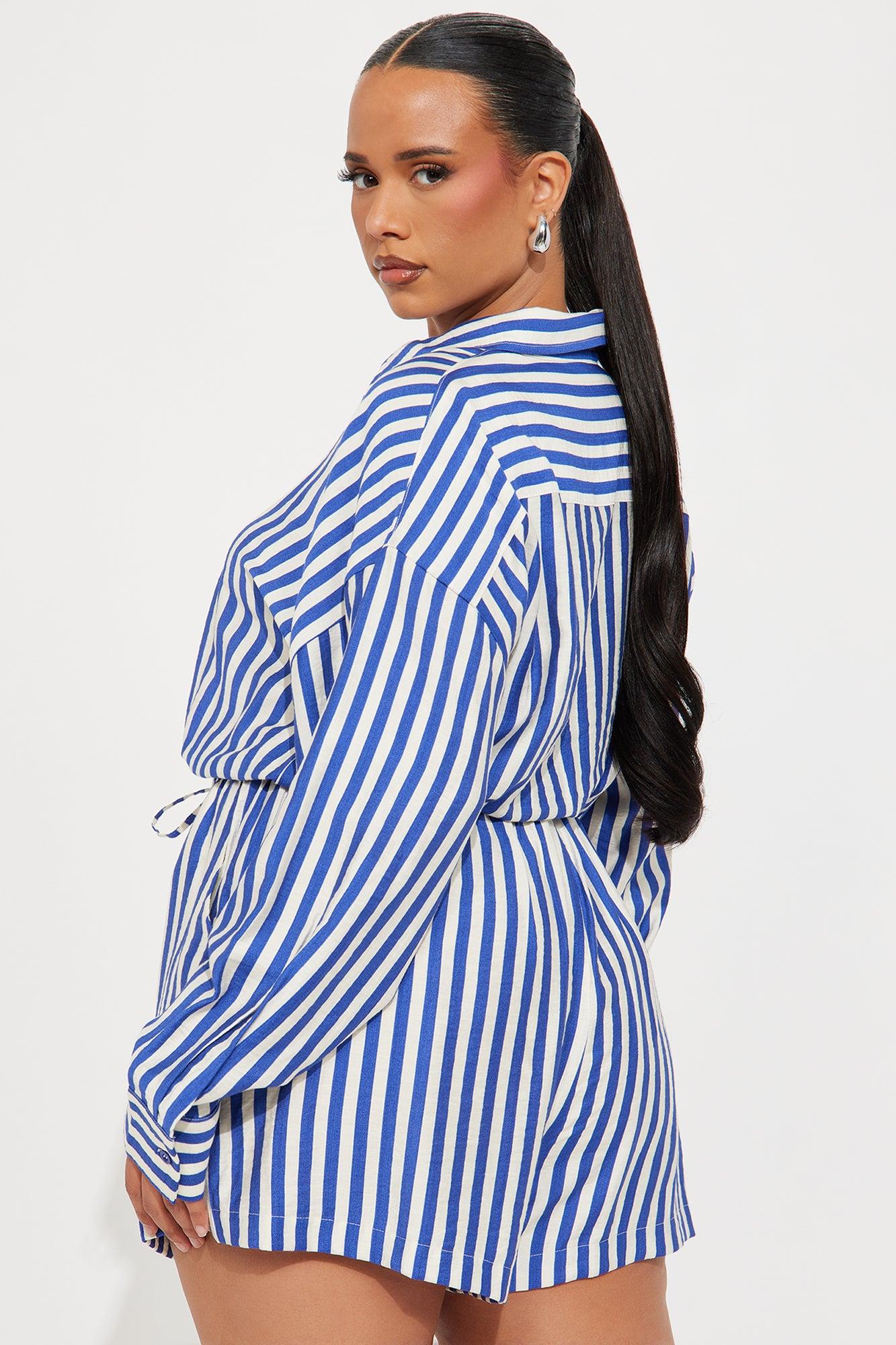 Callie Striped Romper - White/Blue Product Image