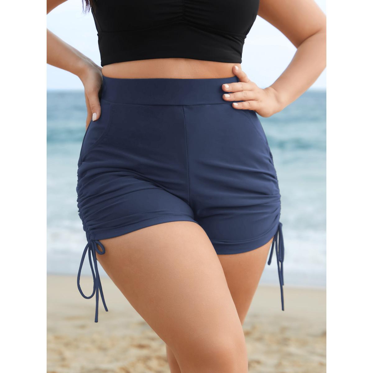 Plus Size Ruched Drawstring Pocket Slim Swim Bottom Women's Swimwear Stone Resort Gathered High stretch Skinny High Rise Slanted pocket Curve Swim Bottoms BloomChic 14-16/1X Product Image